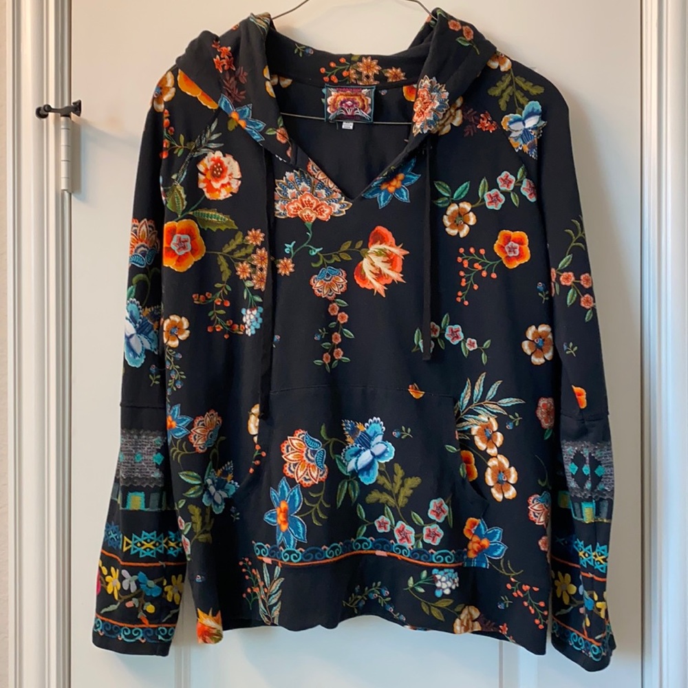 Johnny Was Navy Floral Hooded Sweatshirt, Size XL